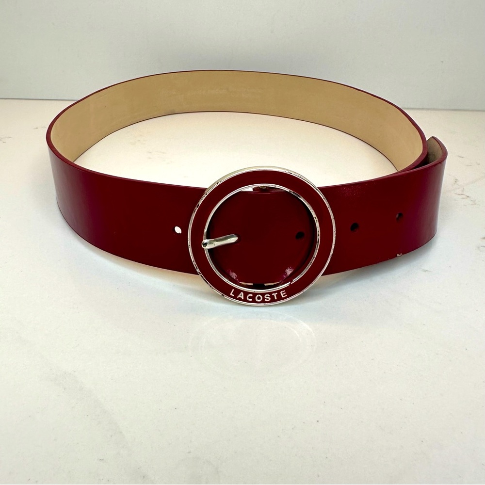Lacoste shiny lacquered wine colour belt, round buckle, enamel